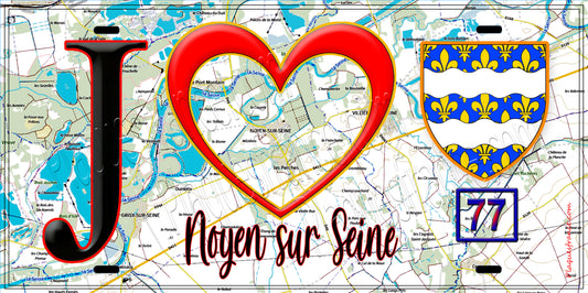 Plaque métal décorative  J' ❤️Noyen-sur-Seine, Seine et Marne (77) fond carte