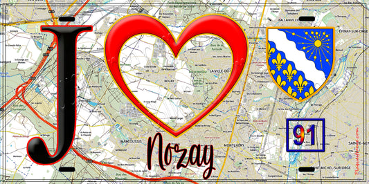 Plaque métal décorative  J' ❤️Nozay Essonne (91) fond carte