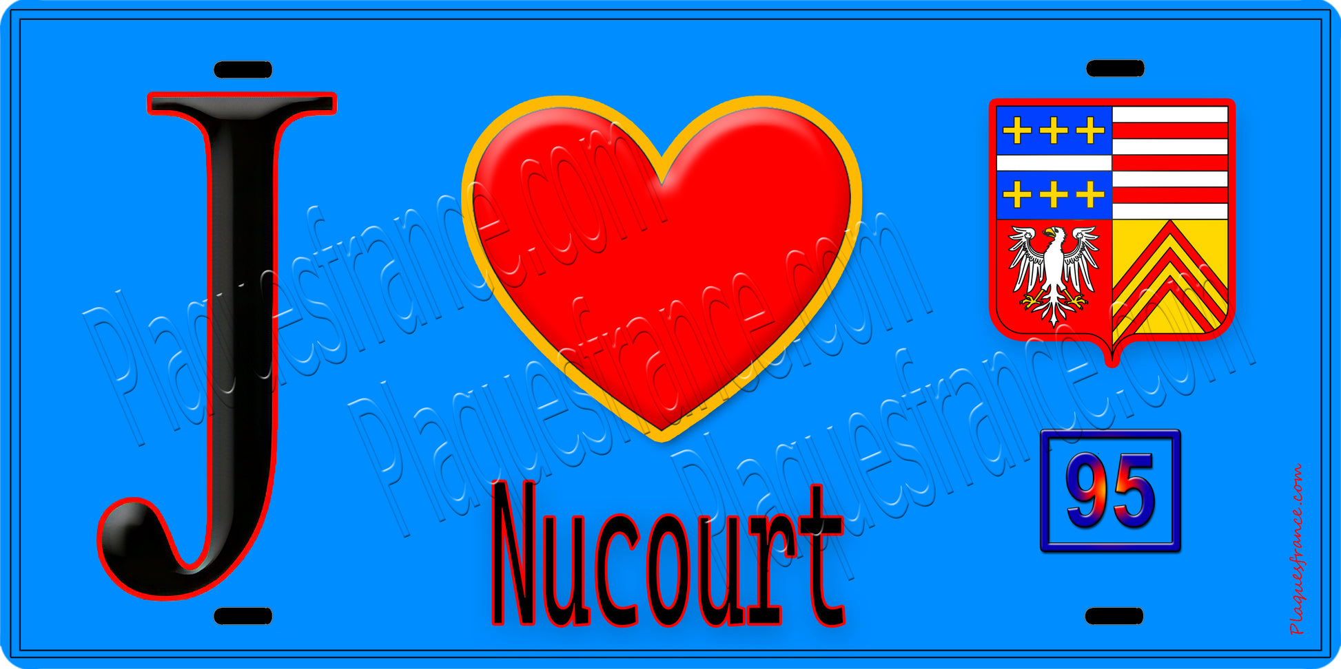 Plaque métal décorative  J' ❤️Nucourt, Val d'Oise (95) fond bleu