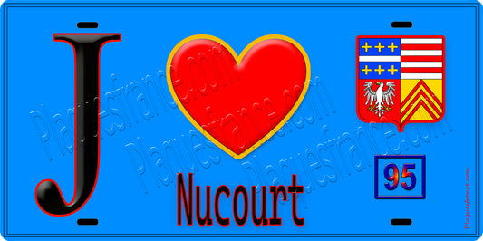 Plaque métal décorative  J' ❤️Nucourt, Val d'Oise (95) fond bleu