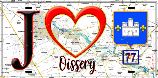 Plaque métal décorative  J' ❤️Oissery, Seine et Marne (77) fond carte
