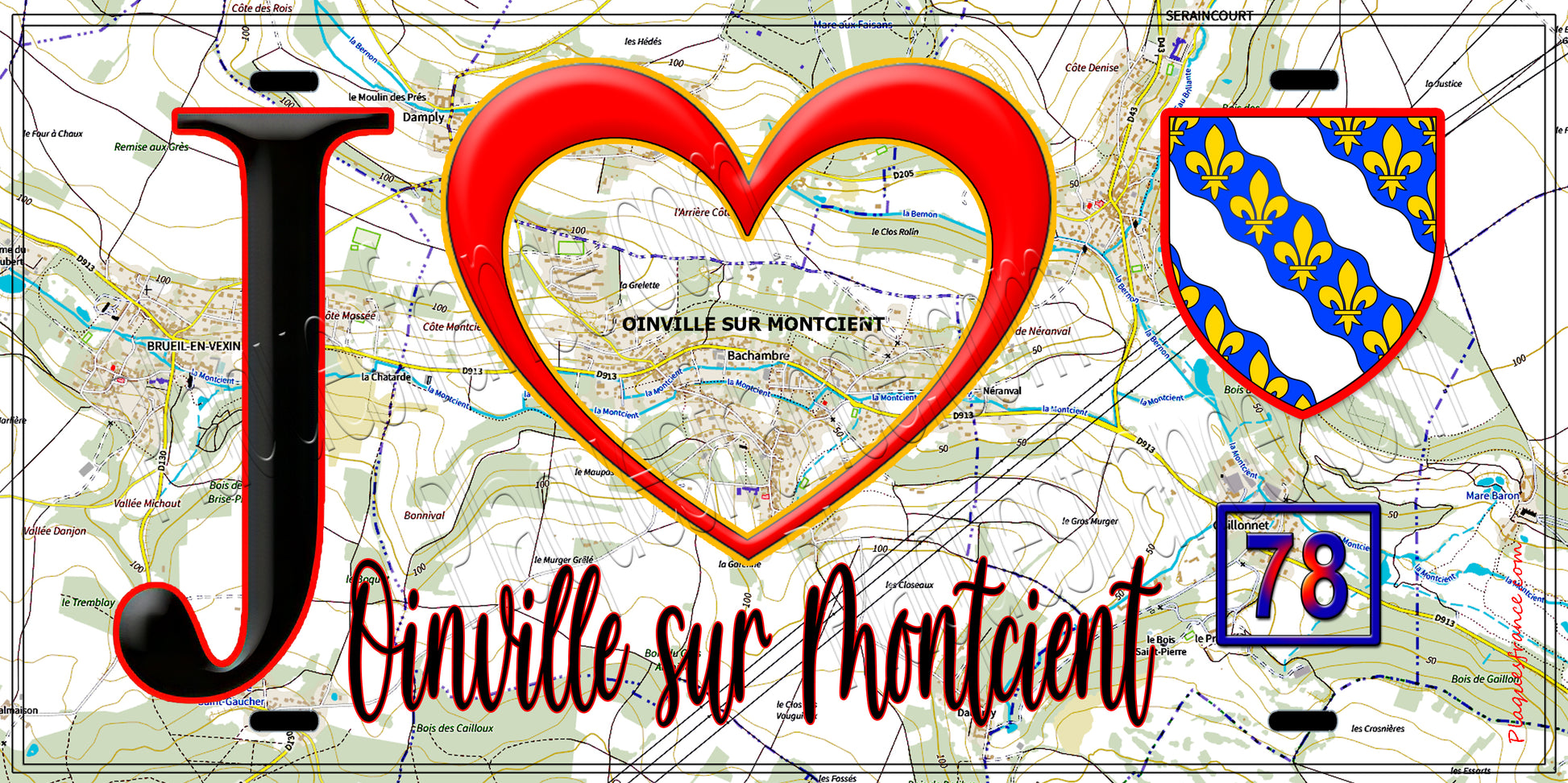 Plaque métal décorative  J' ❤️ Oinville-sur-Montcient, Yvelines (78) fond carte
