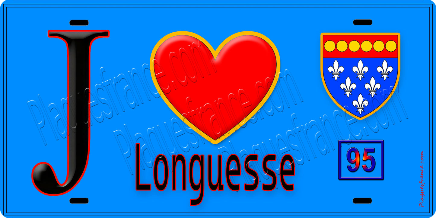 Plaque métal décorative  J' ❤️Longuesse, Val d'Oise (95) fond bleu