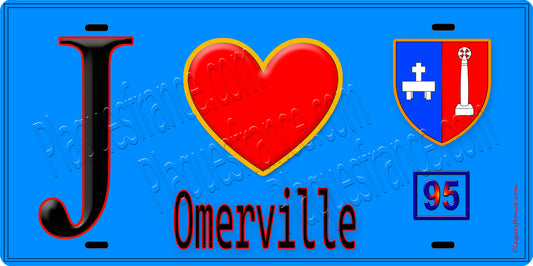 Plaque métal décorative  J' ❤️Omerville, Val d'Oise (95) fond bleu