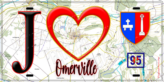 Plaque métal décorative  J' ❤️Omerville, Val d'Oise (95) fond carte