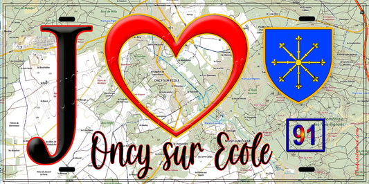 Plaque métal décorative  J' ❤️Oncy-sur-École, Essonne (91) fond carte