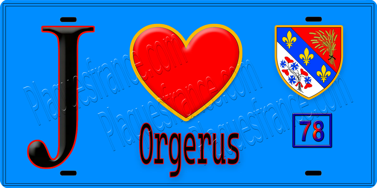 Plaque métal décorative  J' ❤️ Orgerus, Yvelines (78) fond bleu