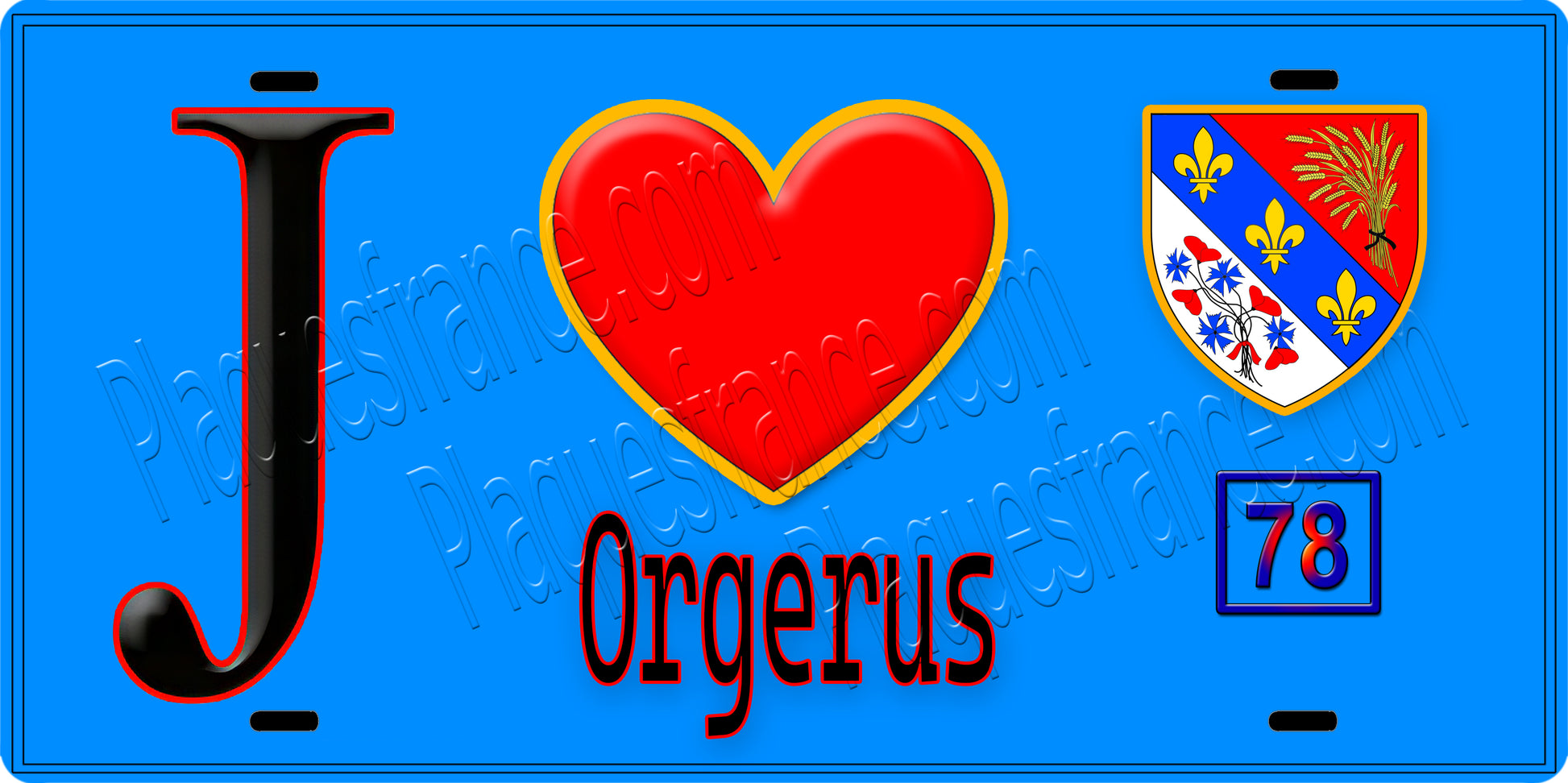 Plaque métal décorative  J' ❤️ Orgerus, Yvelines (78) fond bleu