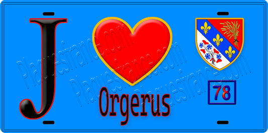 Plaque métal décorative  J' ❤️ Orgerus, Yvelines (78) fond bleu