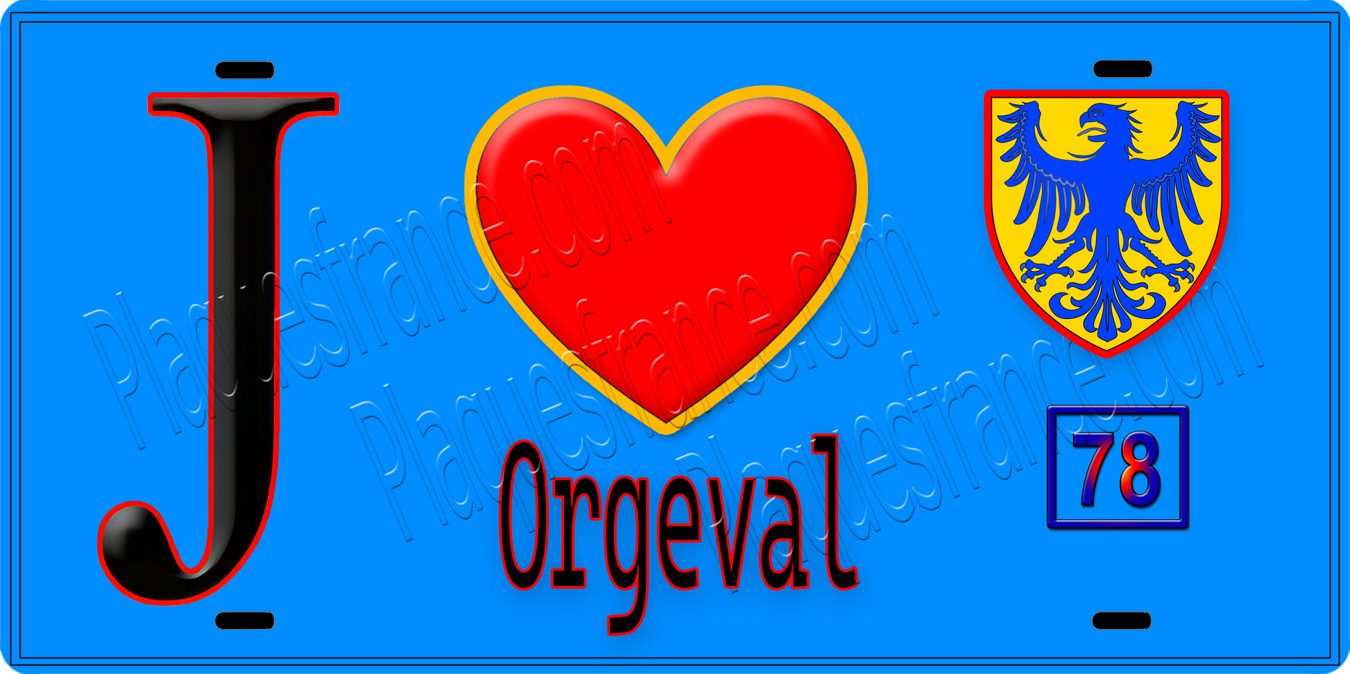 Plaque métal décorative  J' ❤️ Orgeval, Yvelines (78) fond bleu