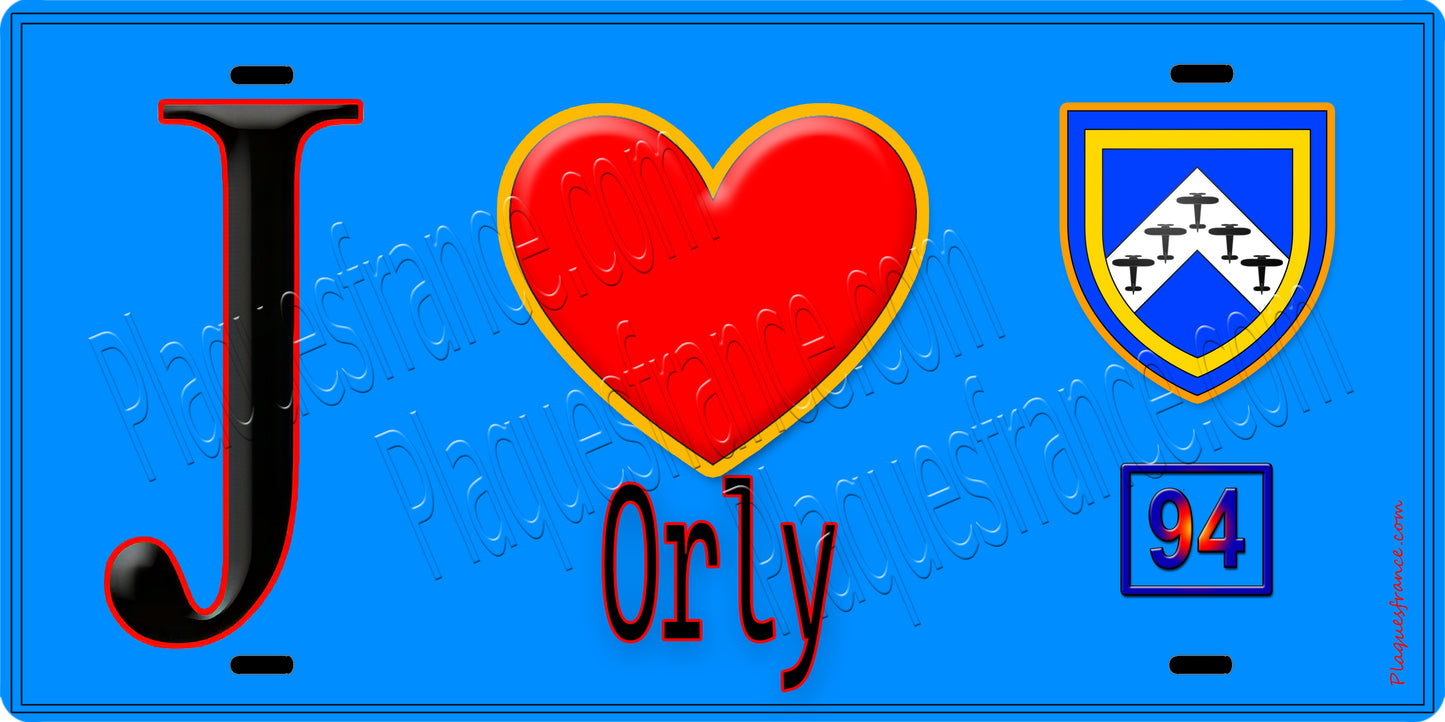 Plaque métal décorative  J' ❤️Orly, Val de Marne (94) fond bleu