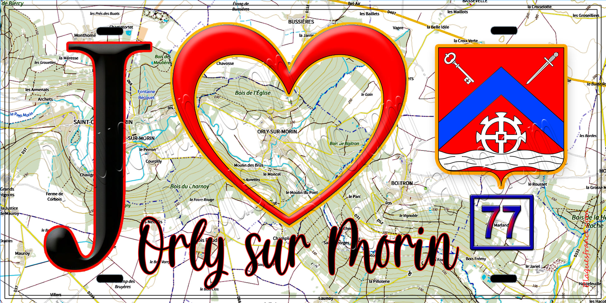 Plaque métal décorative  J' ❤️Orly-sur-Morin, Seine et Marne (77) fond carte