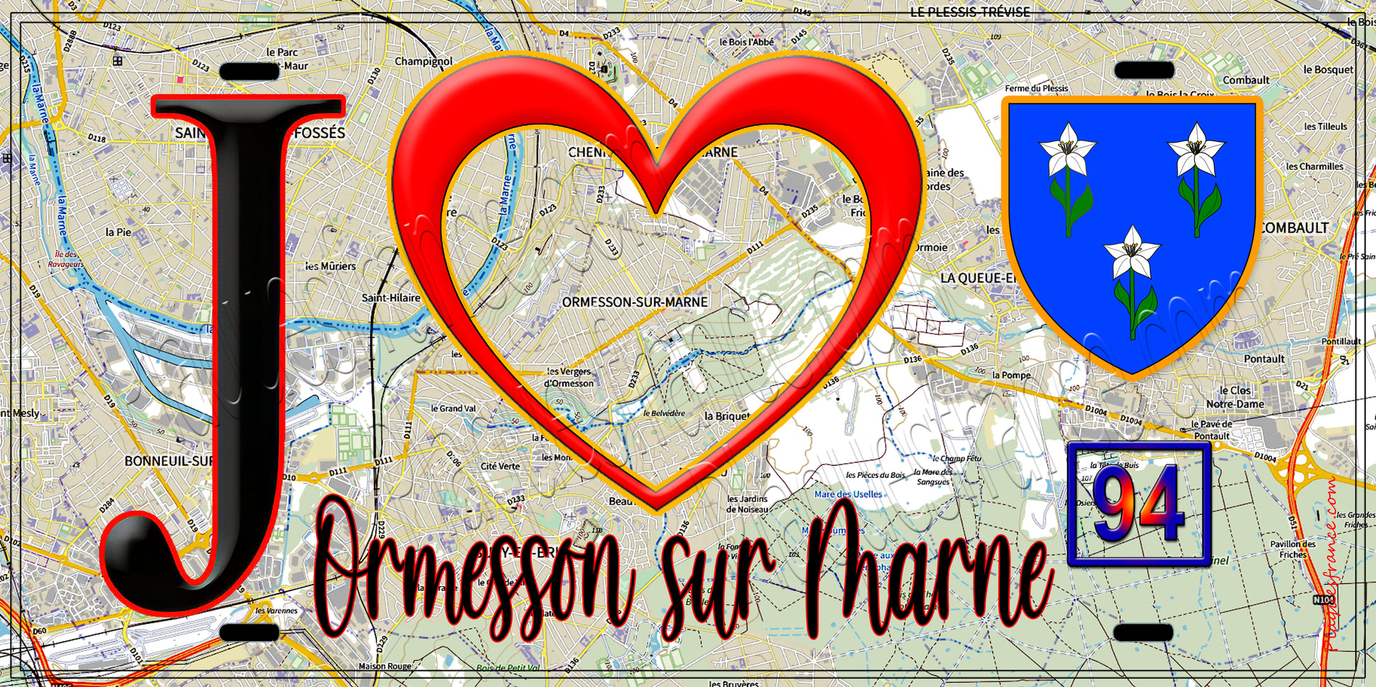 Plaque métal décorative  J' ❤️Ormesson-sur-Marne, Val de Marne (94) fond carte