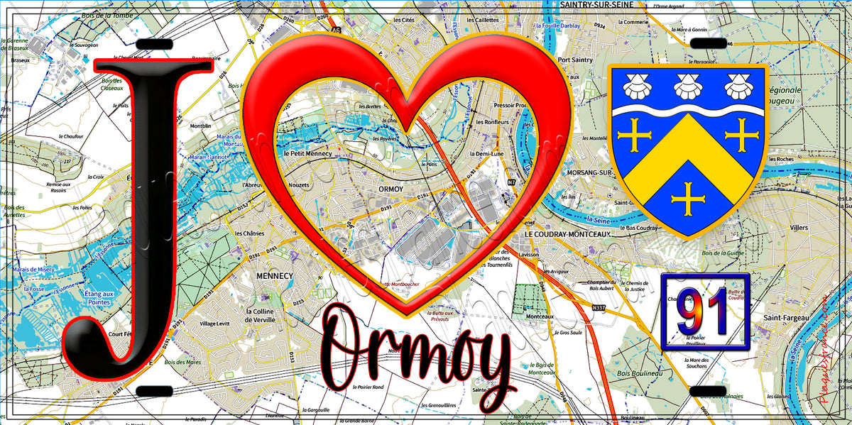 Plaque métal décorative  J' ❤️Ormoy, Essonne (91) fond carte