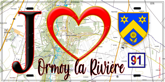 Plaque métal décorative  J' ❤️Ormoy-la-Rivière, Essonne (91) fond carte