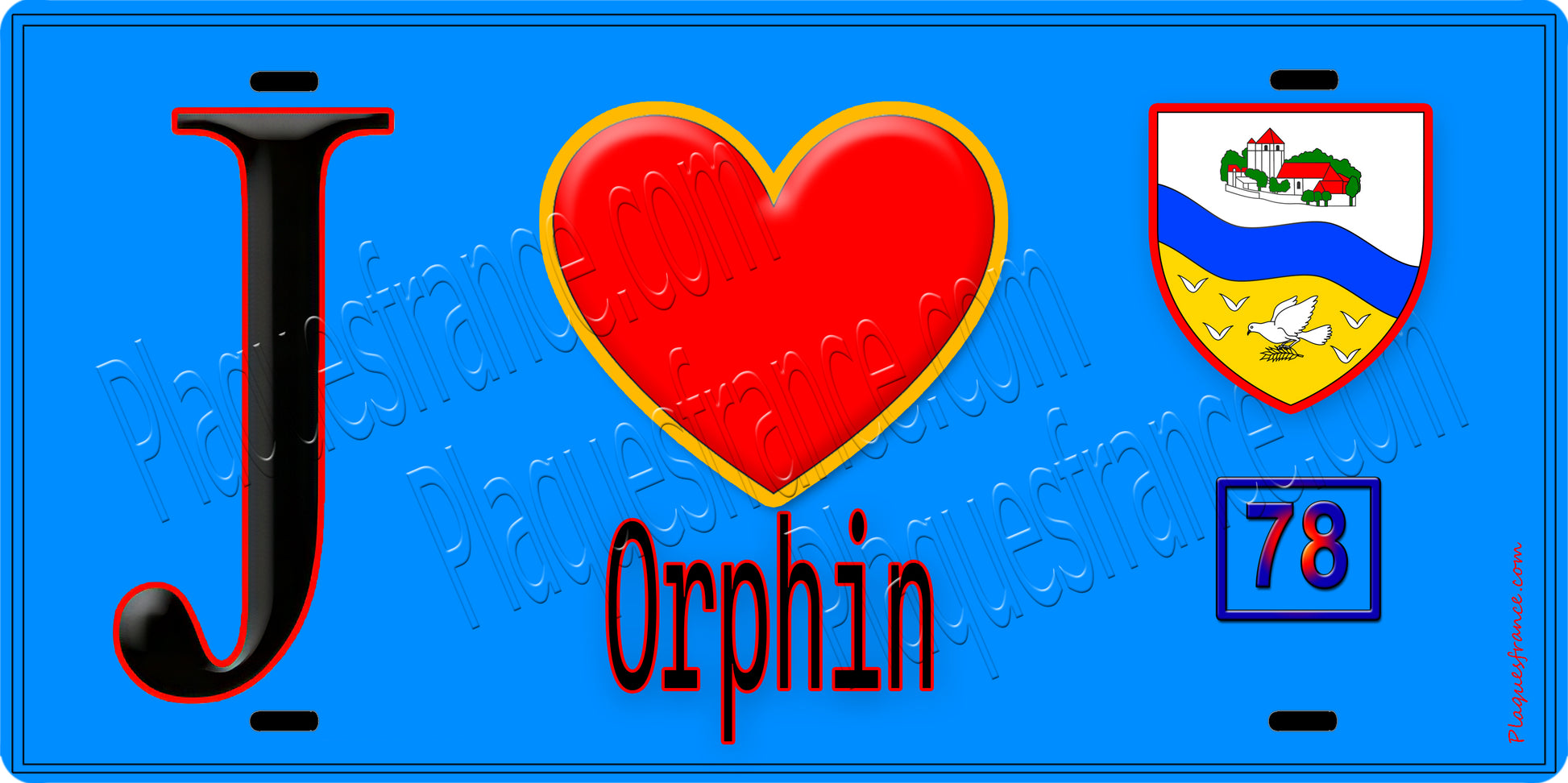 Plaque métal décorative  J' ❤️ Orphin, Yvelines (78) fond bleu