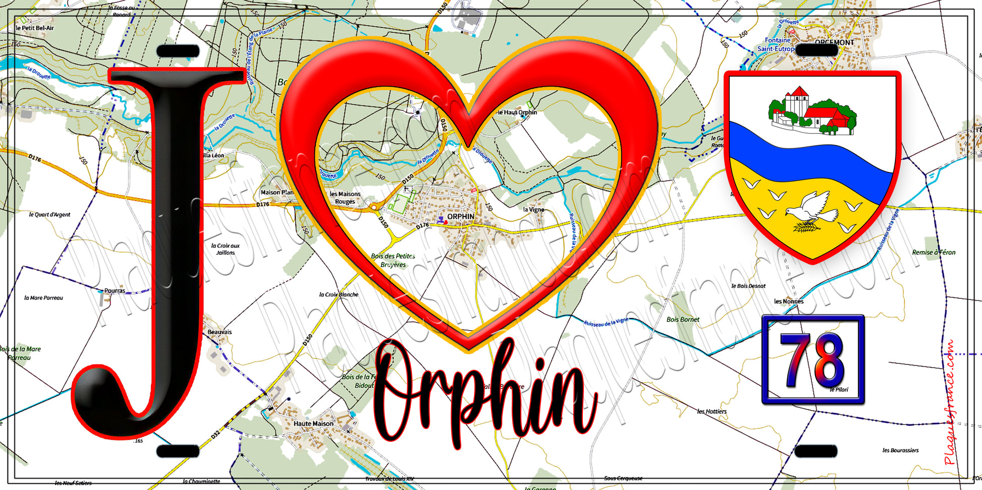 Plaque métal décorative  J' ❤️ Orphin, Yvelines (78) fond carte