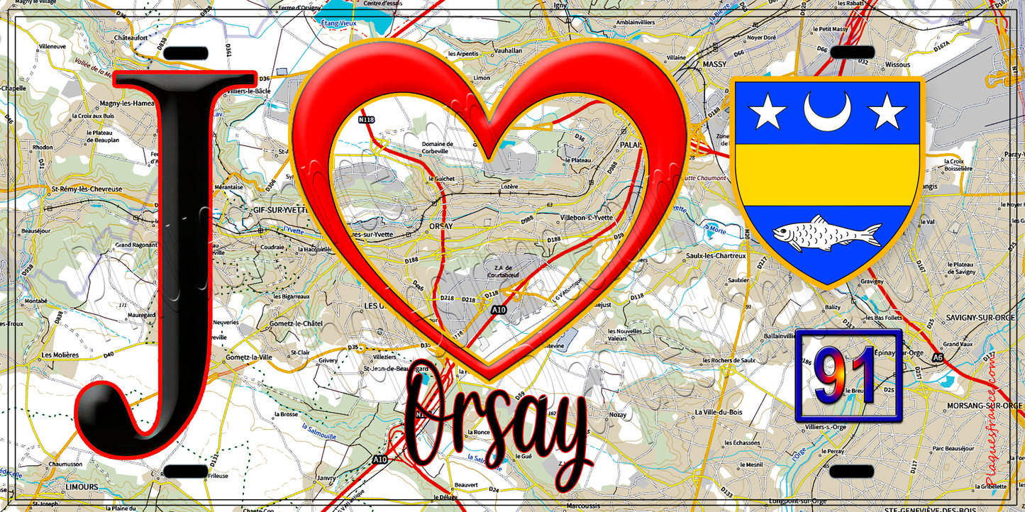 Plaque métal décorative  J' ❤️Orsay, Essonne (91) fond carte