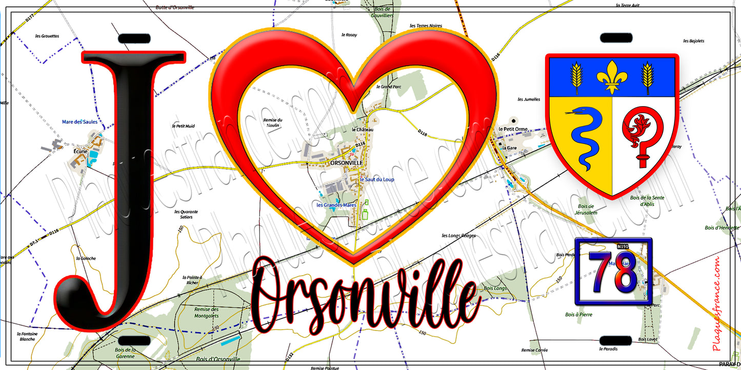 Plaque métal décorative  J' ❤️ Orsonville, Yvelines (78) fond carte