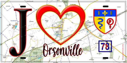 Plaque métal décorative  J' ❤️ Orsonville, Yvelines (78) fond carte