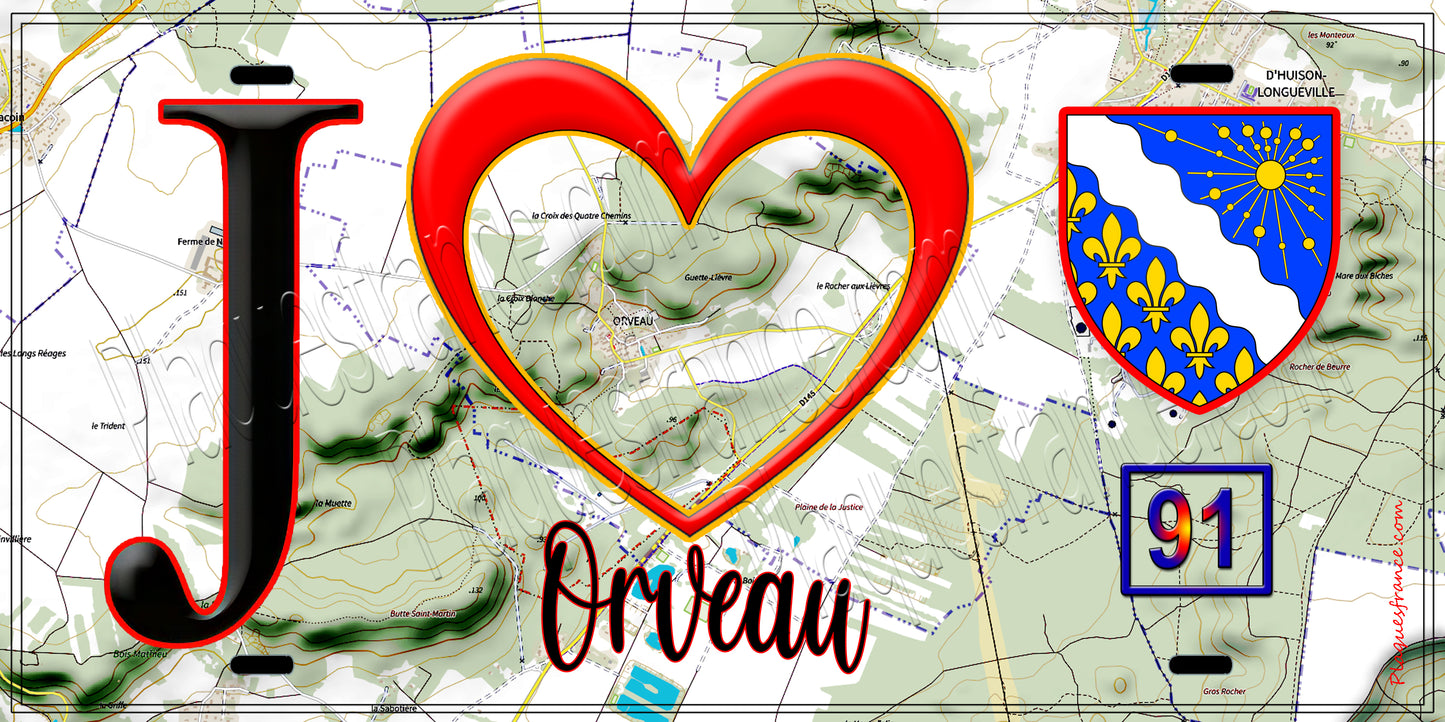 Plaque métal décorative  J' ❤️Orveau, Essonne (91) fond carte