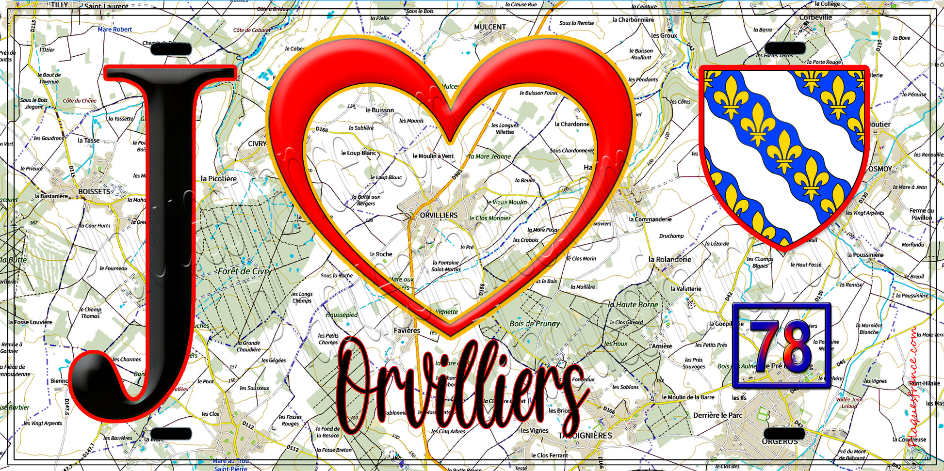 Plaque métal décorative  J' ❤️ Orvilliers, Yvelines (78) fond carte