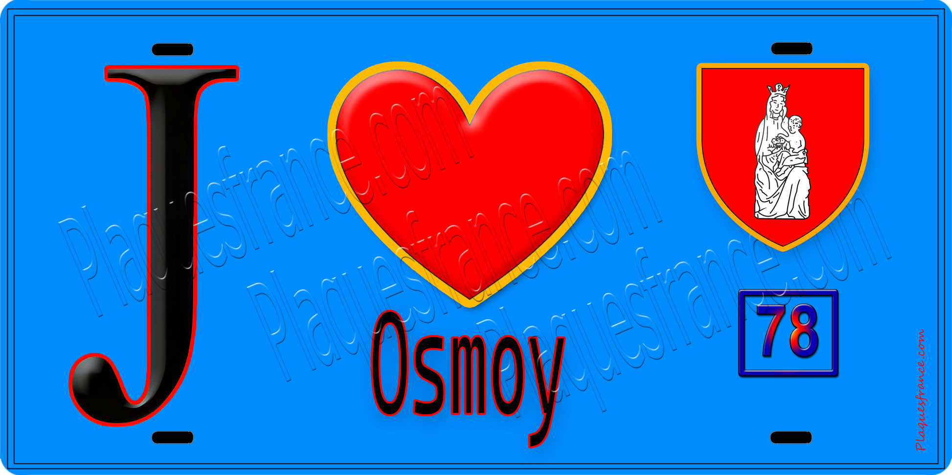Plaque métal décorative  J' ❤️ Osmoy, Yvelines (78) fond bleu