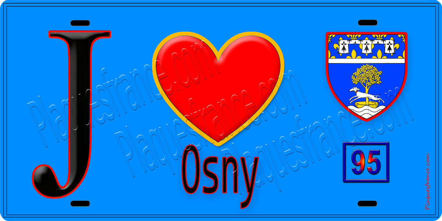 Plaque métal décorative  J' ❤️Osny, Val d'Oise (95) fond bleu