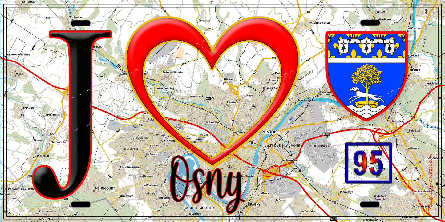 Plaque métal décorative  J' ❤️Osny, Val d'Oise (95) fond carte