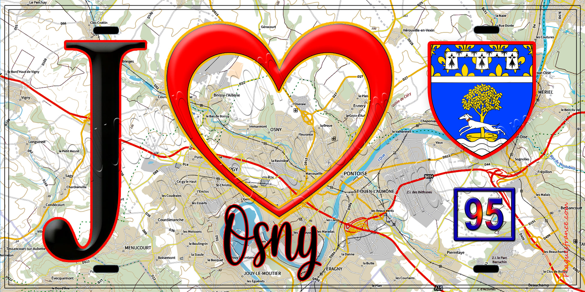Plaque métal décorative  J' ❤️Osny, Val d'Oise (95) fond carte