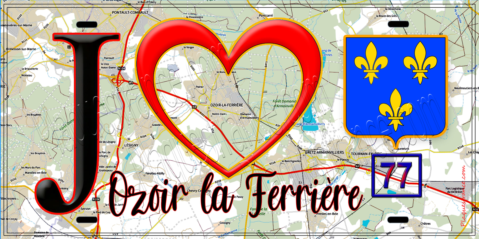 Plaque métal décorative  J' ❤️Ozoir-la-Ferrière, Seine et Marne (77) fond carte