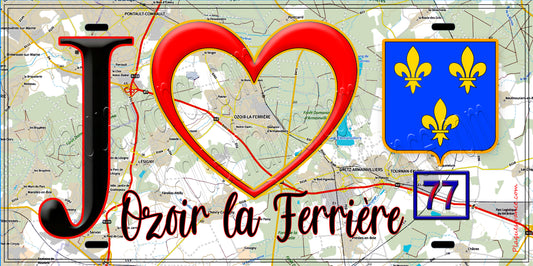 Plaque métal décorative  J' ❤️Ozoir-la-Ferrière, Seine et Marne (77) fond carte