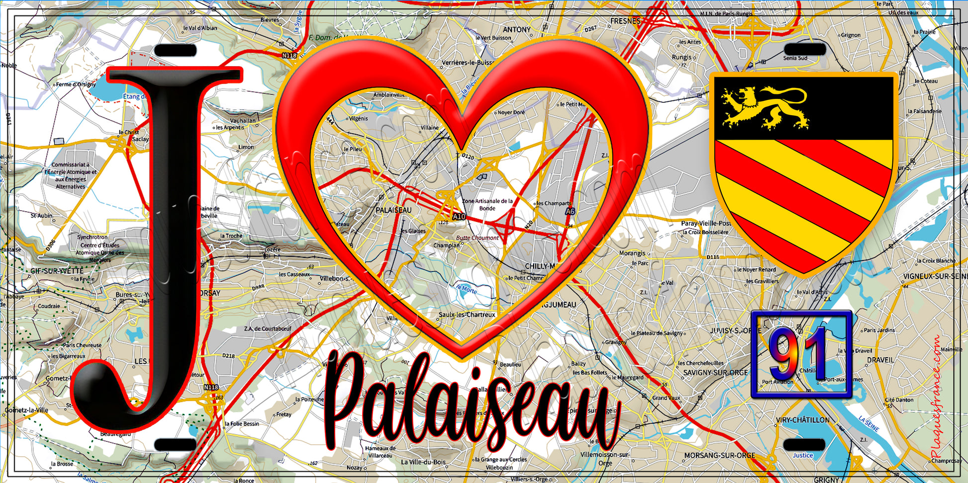Plaque métal décorative  J' ❤️Palaiseau, Essonne (91). fond carte