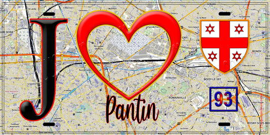 Plaque métal décorative  J' ❤️Pantin, Seine Saint Denis (93) fond carte