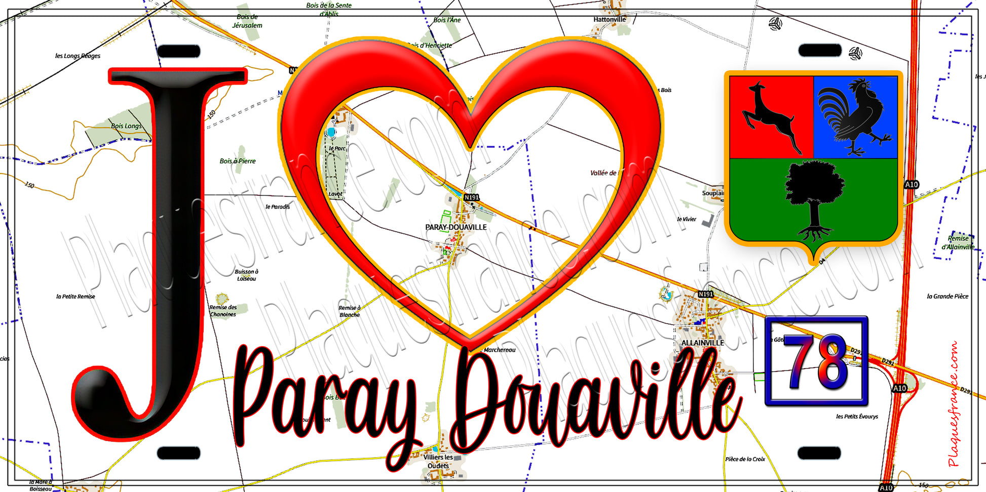 Plaque métal décorative  J' ❤️ Paray-Douaville, Yvelines (78)