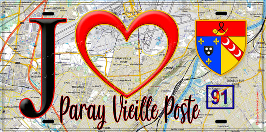 Plaque métal décorative  J' ❤️Paray-Vieille-Poste, Essonne (91) fond carte