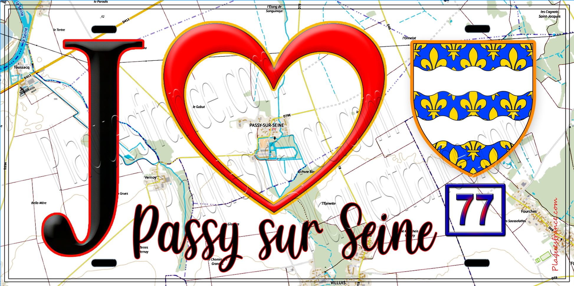 Plaque métal décorative  J' ❤️Passy-sur-Seine, Seine et Marne (77) fond carte