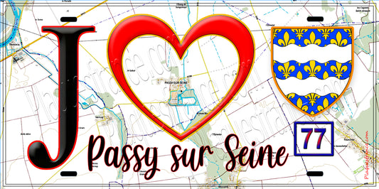 Plaque métal décorative  J' ❤️Passy-sur-Seine, Seine et Marne (77) fond carte