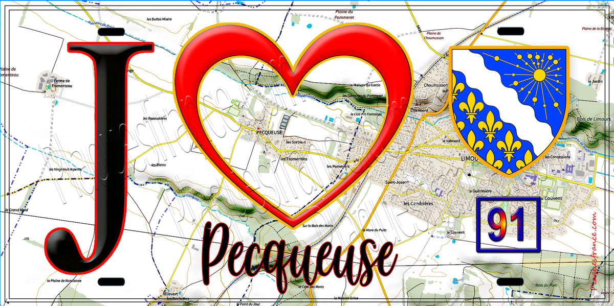 Plaque métal décorative  J' ❤️Pecqueuse, Essonne (91) fond carte