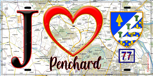 Plaque métal décorative  J' ❤️Penchard, Seine et Marne (77) fond carte
