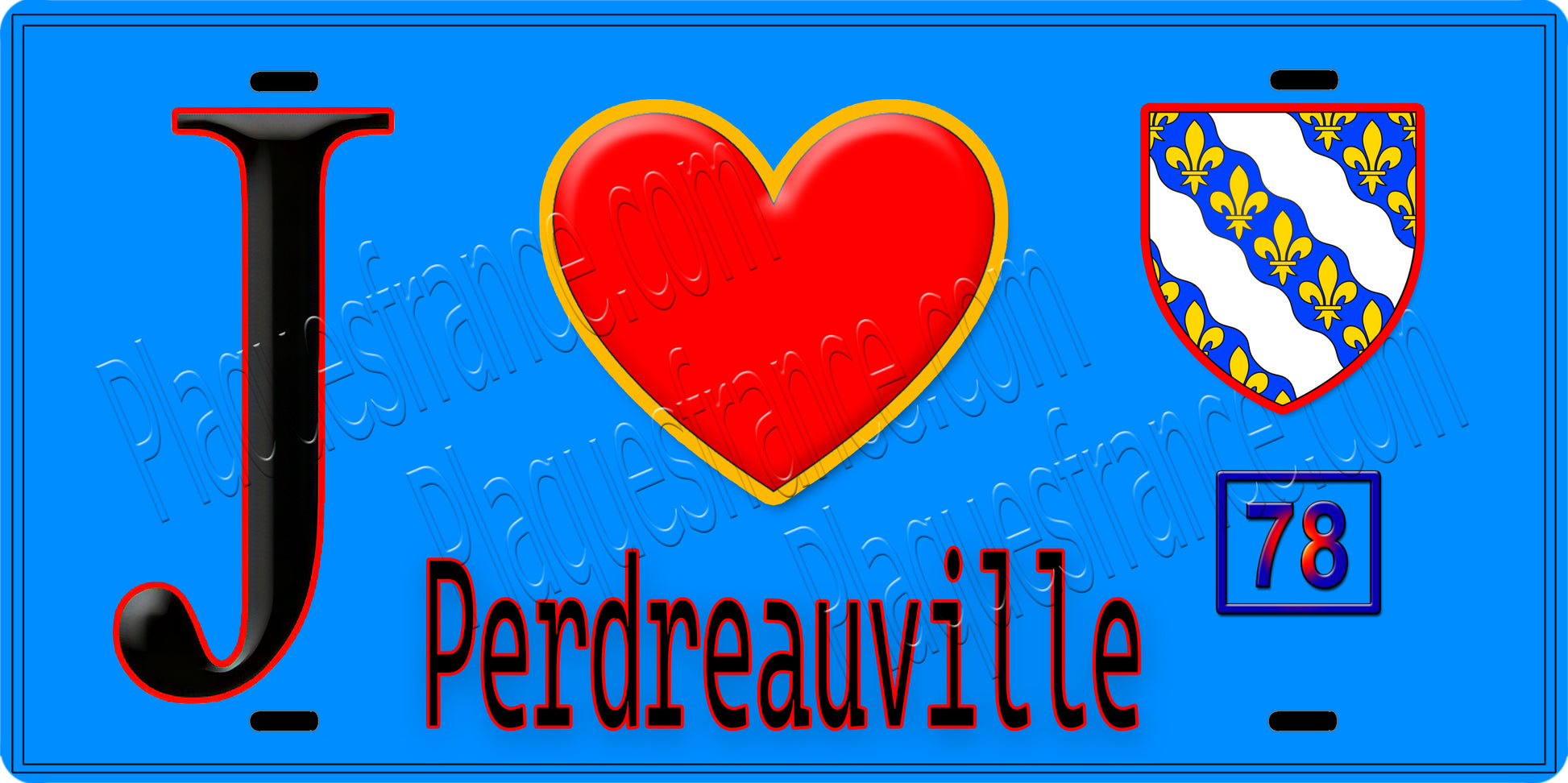 Plaque métal décorative  J' ❤️ Perdreauville, Yvelines (78) fond bleu