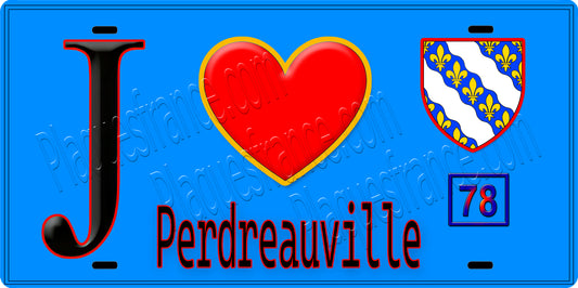 Plaque métal décorative  J' ❤️ Perdreauville, Yvelines (78) fond bleu