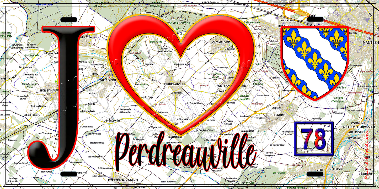 Plaque métal décorative  J' ❤️ Perdreauville, Yvelines (78) fond carte