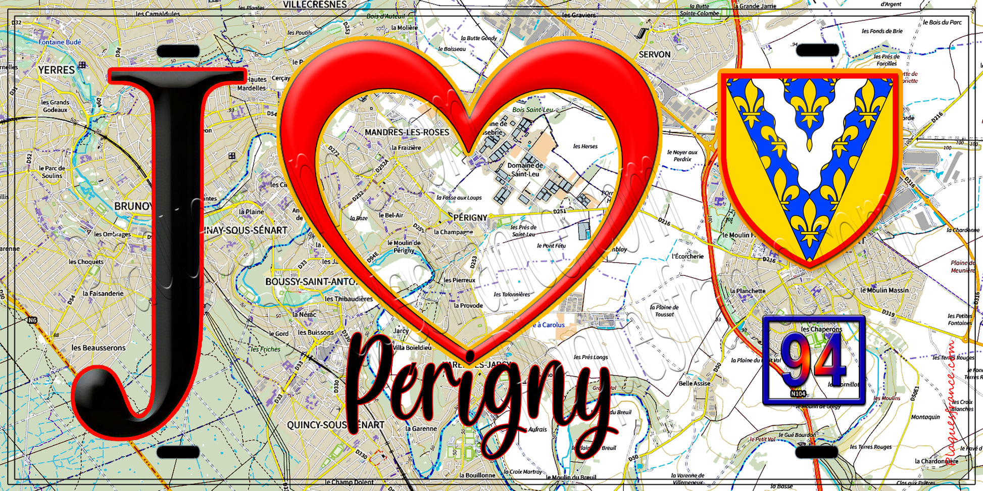 Plaque métal décorative  J' ❤️Périgny, Val de Marne (94) fond carte