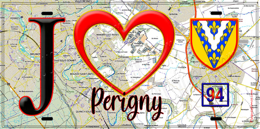 Plaque métal décorative  J' ❤️Périgny, Val de Marne (94) fond carte