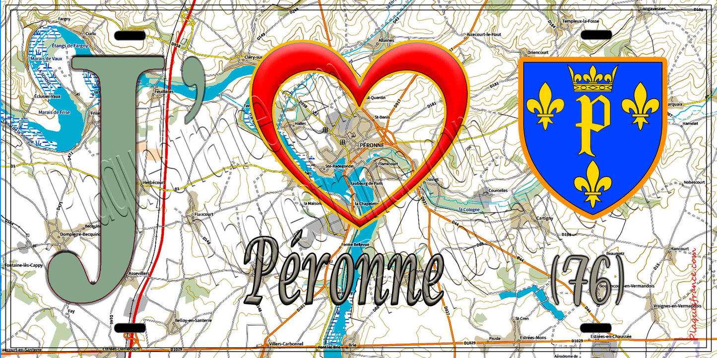 Plaque métal décorative 15X30 J' ❤️ Péronne, Somme (80) géo