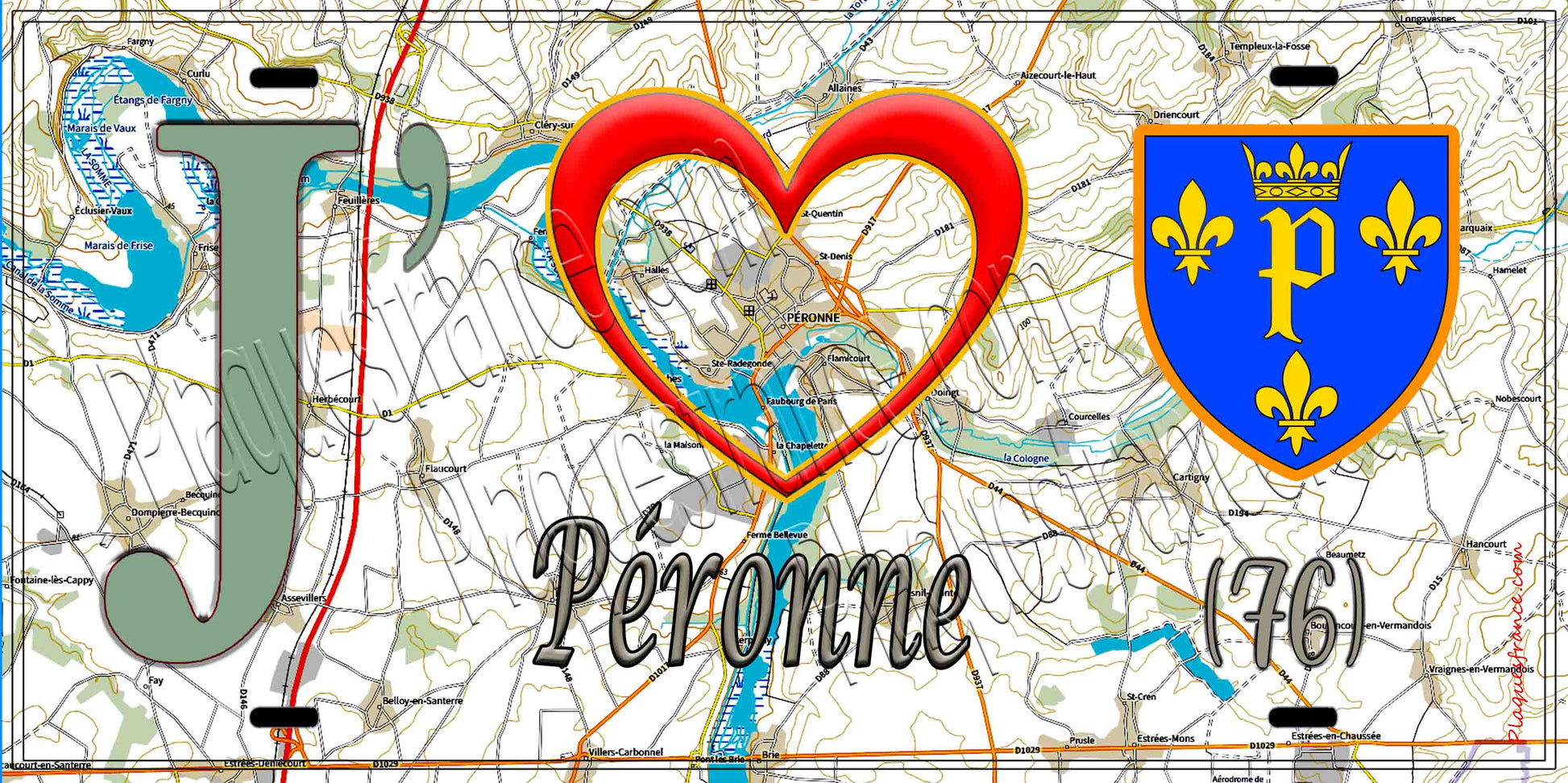 Plaque métal décorative 15X30 J' ❤️ Péronne, Somme (80) géo