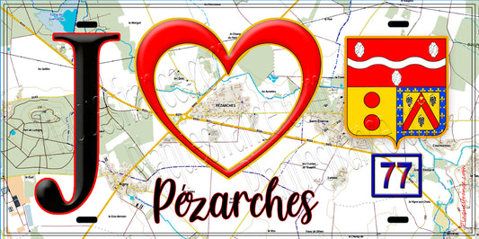 Plaque métal décorative  J' ❤️Pézarches, Seine et Marne (77) fond carte