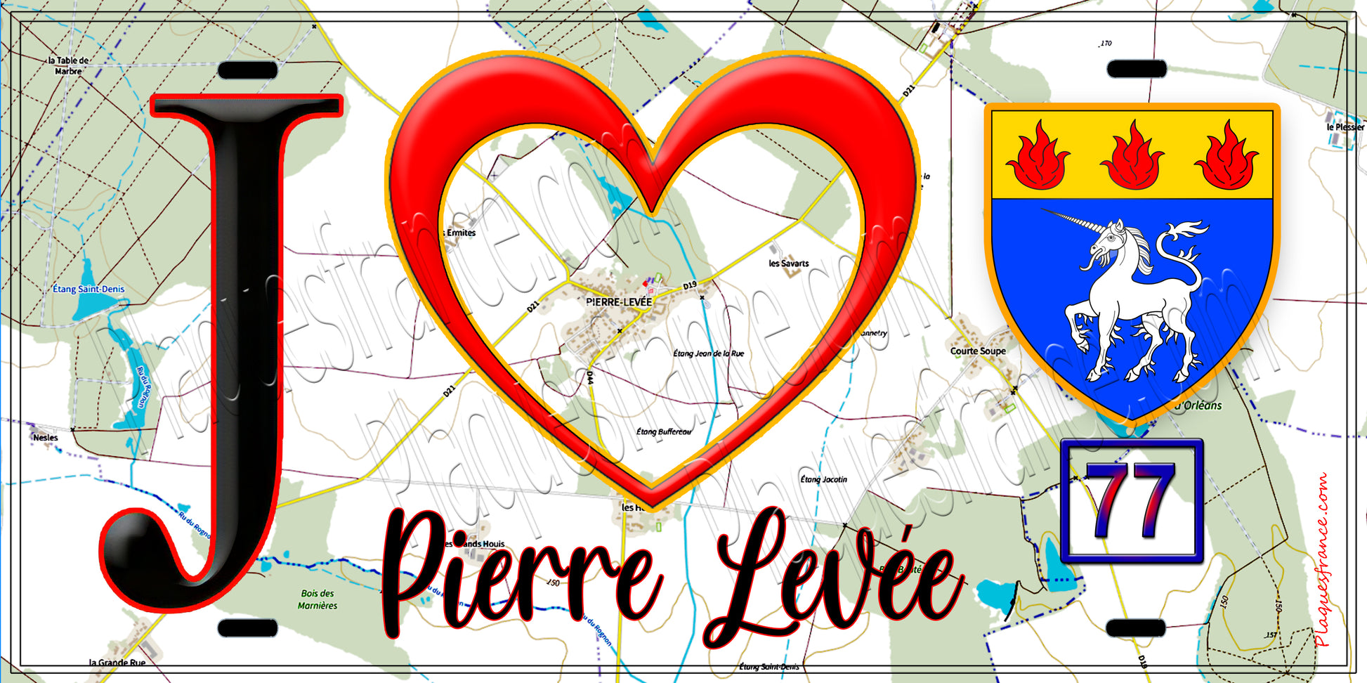 Plaque métal décorative  J' ❤️Pierre-Levée, Seine et Marne (77) fond carte