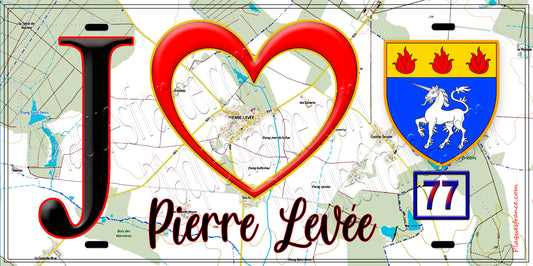 Plaque métal décorative  J' ❤️Pierre-Levée, Seine et Marne (77) fond carte